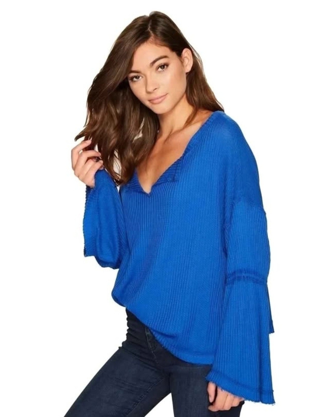 Free People Electric Blue Ribbed V-Neck Bell Sleeve Tunic